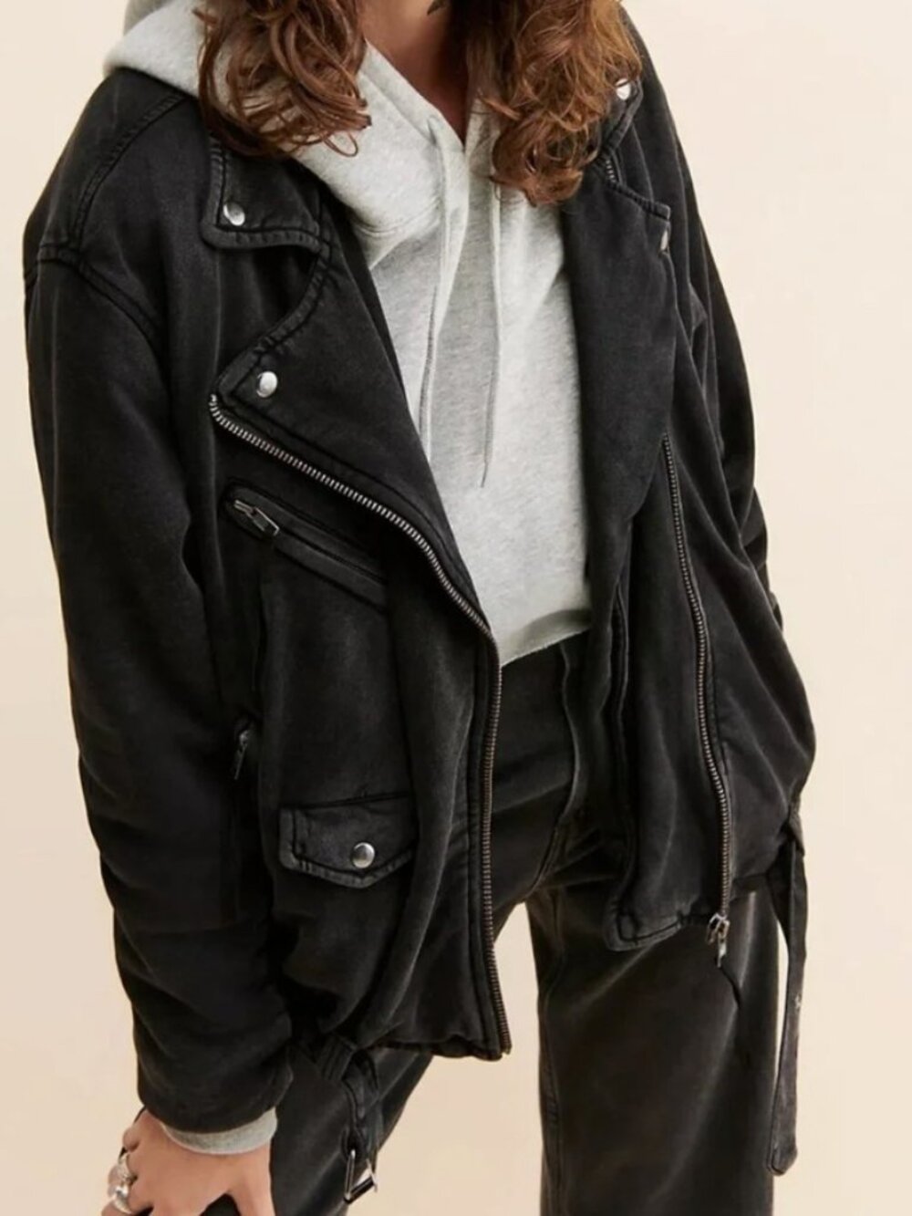 Free People "Rebel" Knit Moto Bomber‎ Jacket Sweatshirt \\ Black // Size Small